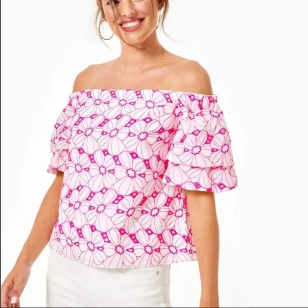 Lily Pulitzer pink and white floral embroidery drop shoulder short sleeve top